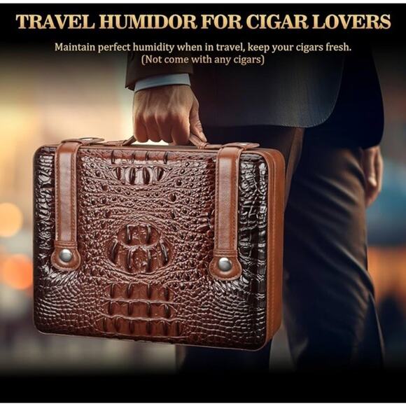 Cigar Humidor Box Cigar Lighter Cedar Wood Lined Leather Cigar Case Built in Hyg - Picture 5 of 6